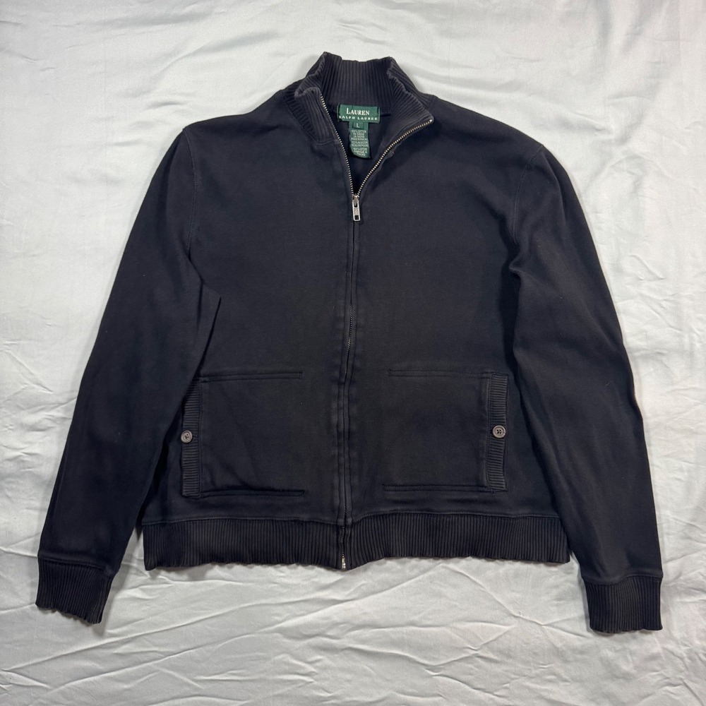 VTG‎ Lauren Ralph Lauren Womens L Black Ribbed Full Zip Cardigan Elbow Patches
